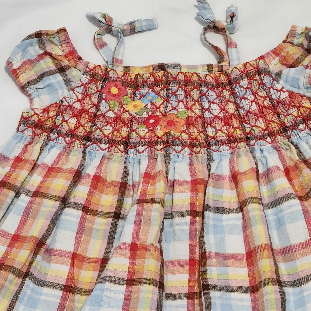 Gymboree Y2k Island Getaway Plaid Embroidered Flowers Smocked Dress 18-24 Months